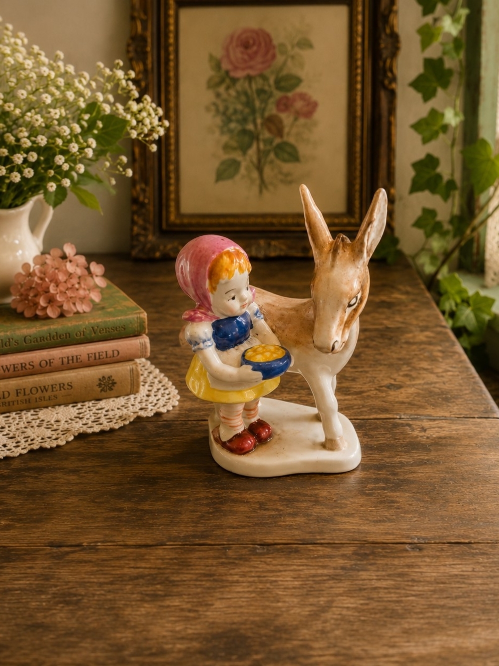 Vintage Occupied Japan Girl Feeding Donkey Porcelain Figurine 5.75"